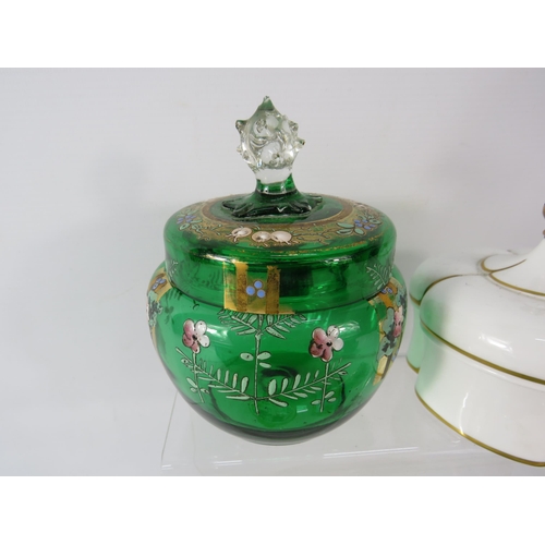 651 - Mixed lot to include trinkets by Halcyon Days & Limoges plus a Art Nouveau green glass jar handpaint... 