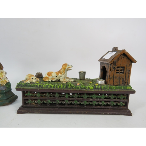 652 - A Cast iron mechanic dog money box, Scotty dog book end and Robin door stop.