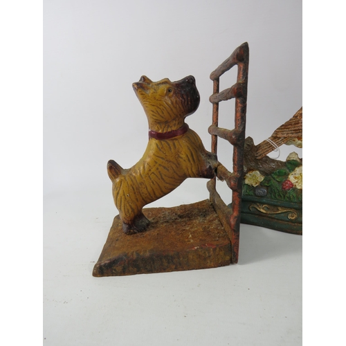 652 - A Cast iron mechanic dog money box, Scotty dog book end and Robin door stop.