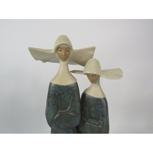 673 - Lladro gres figurine of two nuns with rosary beads, 13 3/4