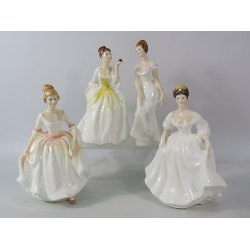 687 - Four Royal Doulton lady figurines, Flower of Love, Angela etc (Linda has had a repair to one arm.