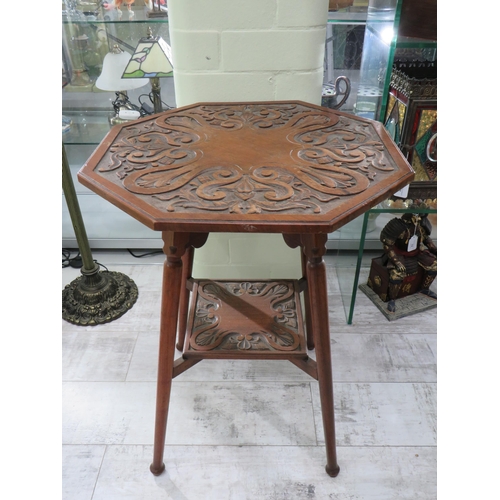 755 - Lovely Arts & Crafts style Octagonal Table with Carved Art Nouveau styling to top and shelf. In very... 