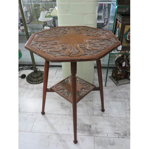 755 - Lovely Arts & Crafts style Octagonal Table with Carved Art Nouveau styling to top and shelf. In very... 