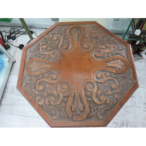 755 - Lovely Arts & Crafts style Octagonal Table with Carved Art Nouveau styling to top and shelf. In very... 