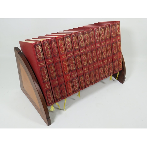 758 - Small Oak Portable Bookshelf which comes with Eight leather bound editions of Dennis Wheatley Novels... 