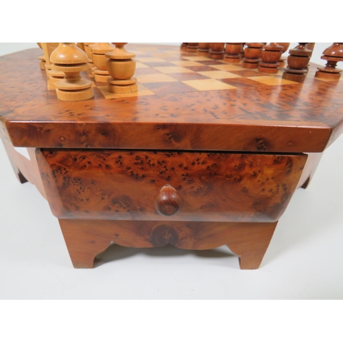 759 - Lovely Chess board and pieces. Comes with single drawer for pieces. All hand made. Board measures ap... 