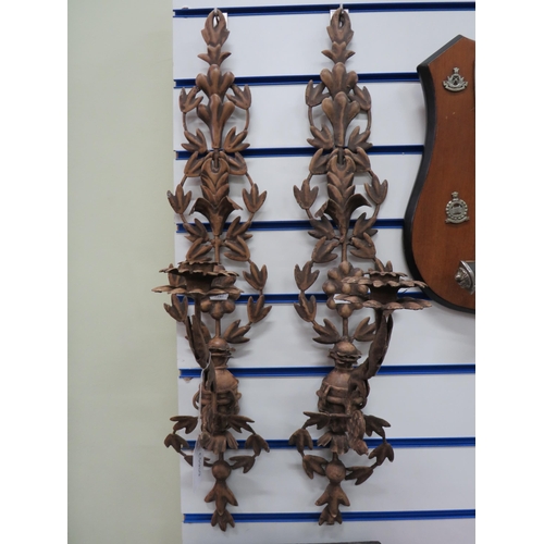 772 - Pair of Thin metal wall mounted Candle Sconces. Very ornate, measures approx 28 inches long. See pho... 