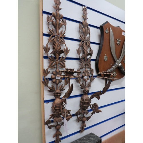 772 - Pair of Thin metal wall mounted Candle Sconces. Very ornate, measures approx 28 inches long. See pho... 