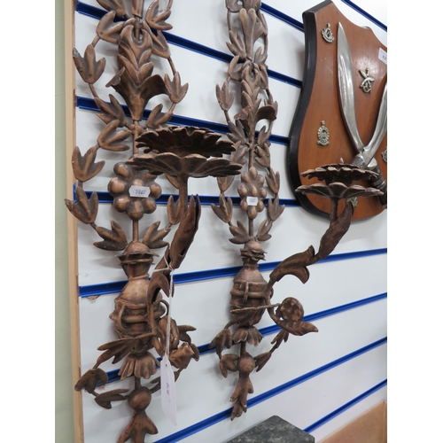 772 - Pair of Thin metal wall mounted Candle Sconces. Very ornate, measures approx 28 inches long. See pho... 