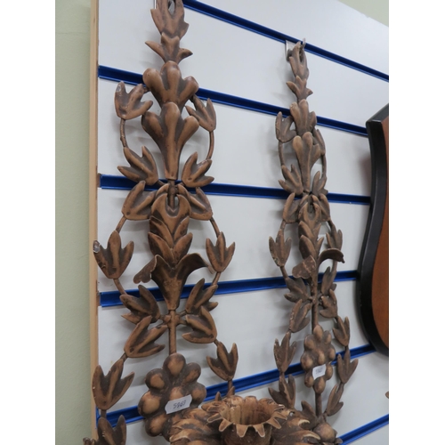 772 - Pair of Thin metal wall mounted Candle Sconces. Very ornate, measures approx 28 inches long. See pho... 