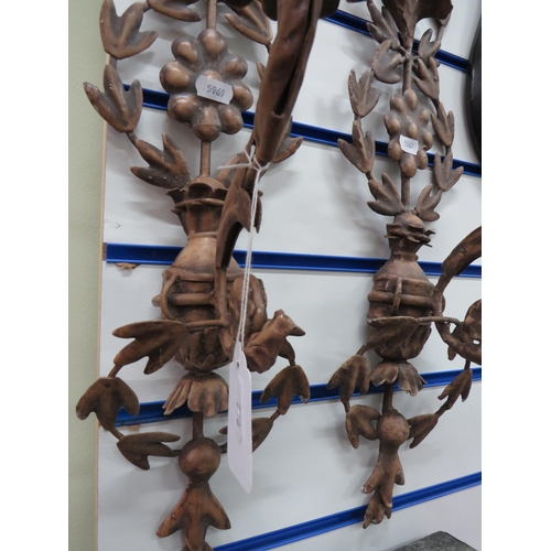 772 - Pair of Thin metal wall mounted Candle Sconces. Very ornate, measures approx 28 inches long. See pho... 