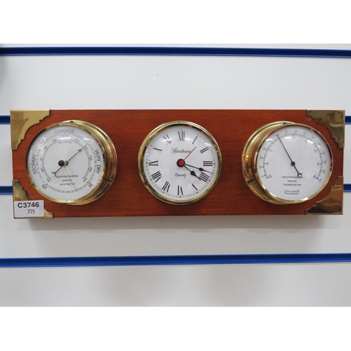 775 - Reproduction ships instruments mounted on a Brass decorated wooden board. Clock may need battery to ... 