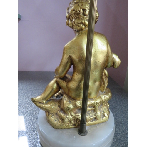 782 - Pair of Gold Painted Spelter Lamp bases featuring Cherub bodies,  Brass light column.  Each raised o... 