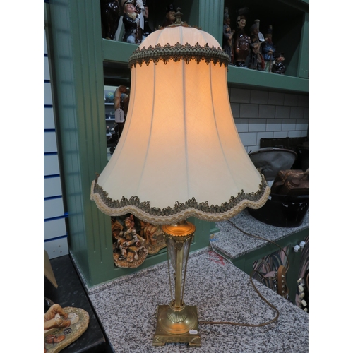 784 - Lovely Glass and Brass table lamp with domed topped Parasol shaped Shade. Glass centre to brass body... 