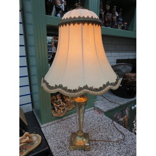 784 - Lovely Glass and Brass table lamp with domed topped Parasol shaped Shade. Glass centre to brass body... 