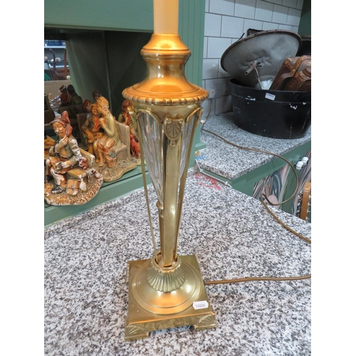 784 - Lovely Glass and Brass table lamp with domed topped Parasol shaped Shade. Glass centre to brass body... 