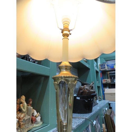 784 - Lovely Glass and Brass table lamp with domed topped Parasol shaped Shade. Glass centre to brass body... 