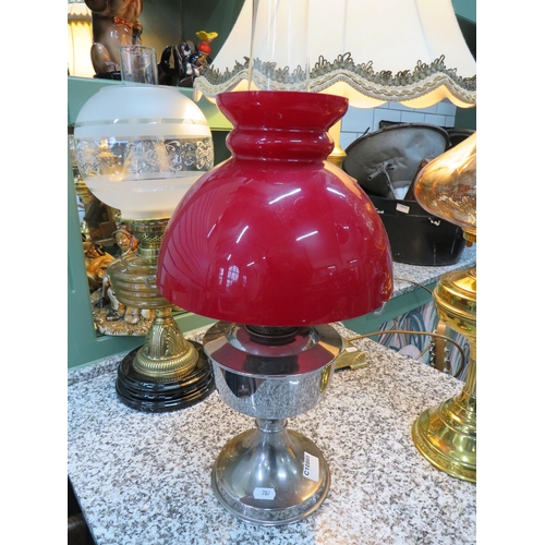 787 - Contemporary Aladdin 21 Oil Lamp with Steel body and reservoir with Cherry Oplaline glass shade and ... 