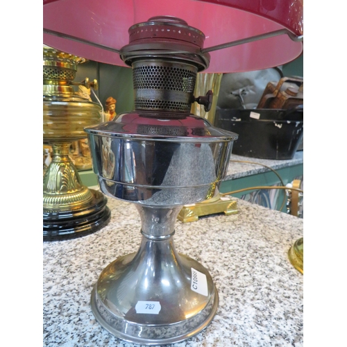 787 - Contemporary Aladdin 21 Oil Lamp with Steel body and reservoir with Cherry Oplaline glass shade and ... 