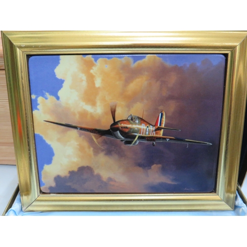 797 - Lovely framed ceramic picture of a WW2 Hurricane by Adrian Rigby.  Comes with silk and foam lined bo... 