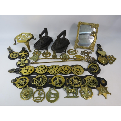 2044 - Good selection of Brass and Cast iron including Mirror, Irons, Trivots and Horse brasses.