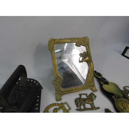 2044 - Good selection of Brass and Cast iron including Mirror, Irons, Trivots and Horse brasses.