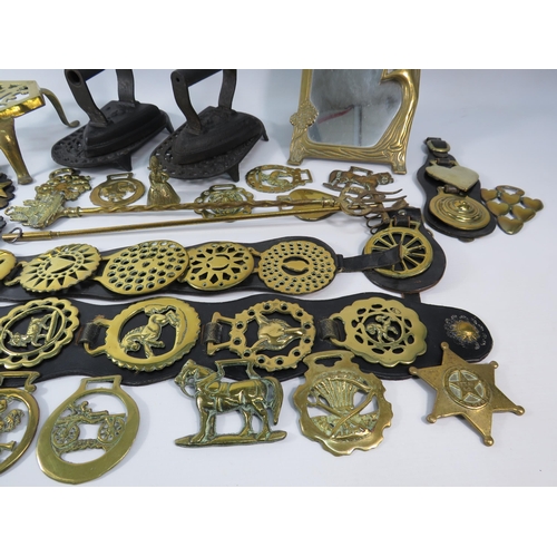 2044 - Good selection of Brass and Cast iron including Mirror, Irons, Trivots and Horse brasses.