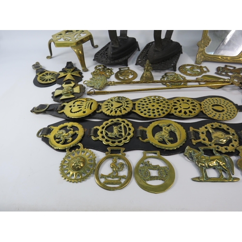 2044 - Good selection of Brass and Cast iron including Mirror, Irons, Trivots and Horse brasses.