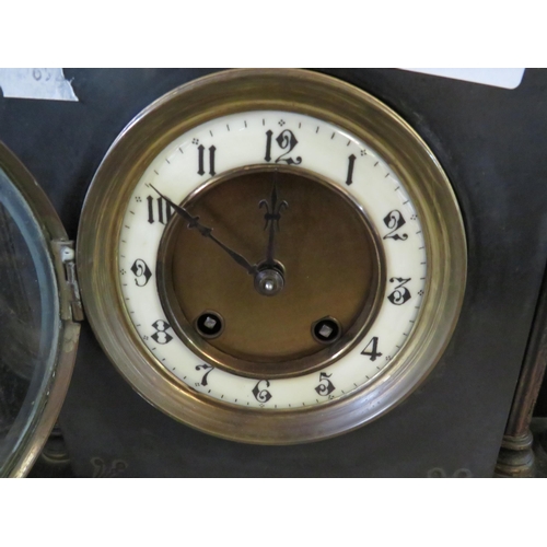 2079 - Slate Mantle clock with enamel face for spares or repair.