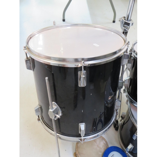 863 - Graduated set of three drums with chrome plated stand plus tamborine, cow bell , drumsticks etc. see... 