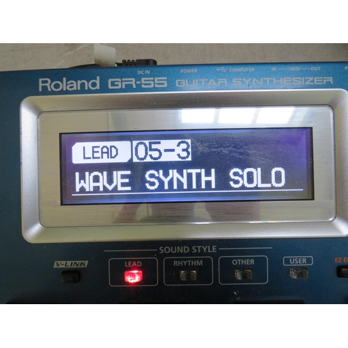 864 - Roland GR-55s Foot Operated Guitar synthesizer with power cord and pick up cables. With original box... 