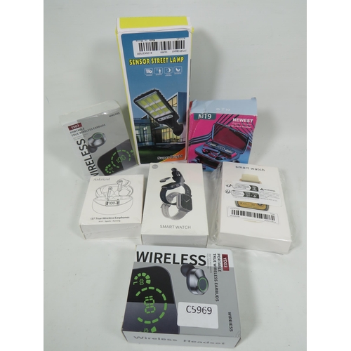 867 - Boxed and unused Wireless earphones, Earbuds, Smart Watches etc. see photos