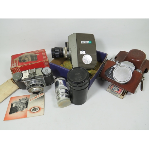 871 - Vintage camera lot to include a Paxima 35,  Kopil Zoom 8 movie camera,  Zenit 3 with spare lens. See... 