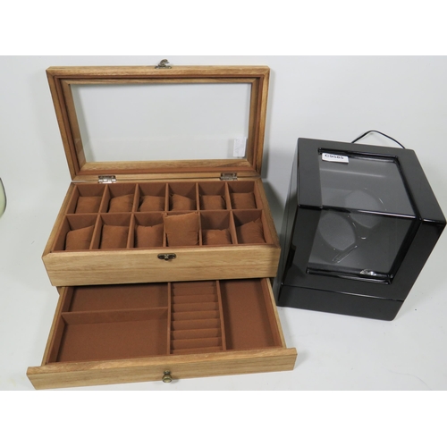 873 - Well made jewellery display box with 12 padded cushion compartments and ring drawer under together w... 