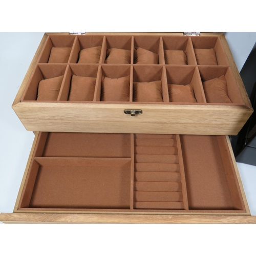 873 - Well made jewellery display box with 12 padded cushion compartments and ring drawer under together w... 