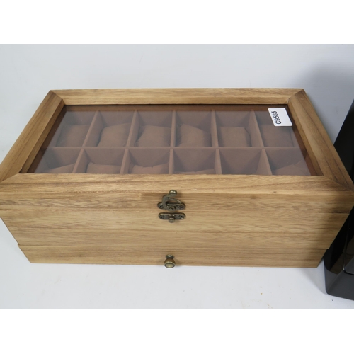 873 - Well made jewellery display box with 12 padded cushion compartments and ring drawer under together w... 