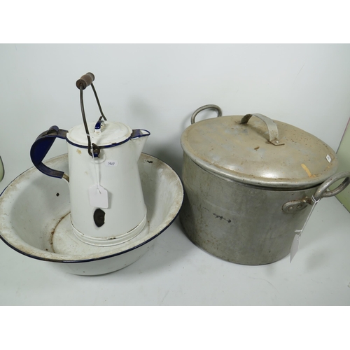 875 - Vintage metal and enamel jug and bowl plus large aluminum jam pan which measures approx 10 inches ta... 