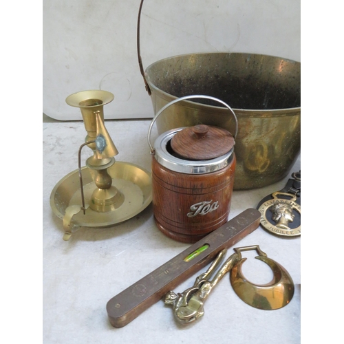 876 - Large copper jam pan, wooden tea and biscuit barrels. Vintage GPO spirit level plus other items. See... 