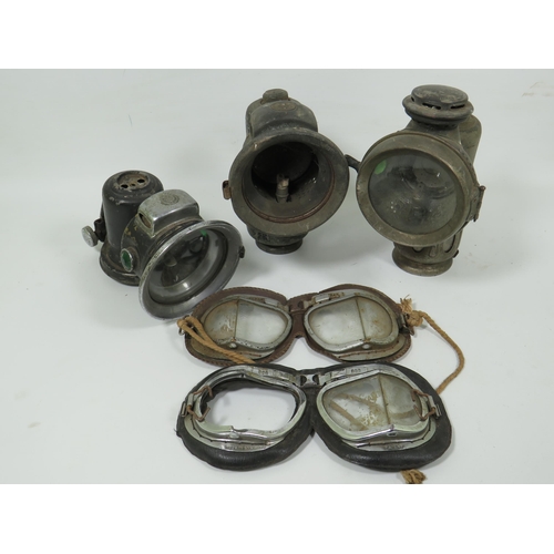 887 - Collection of Vintage cycle or motorcycle lamps plus goggles, one will need new lens. See photos.