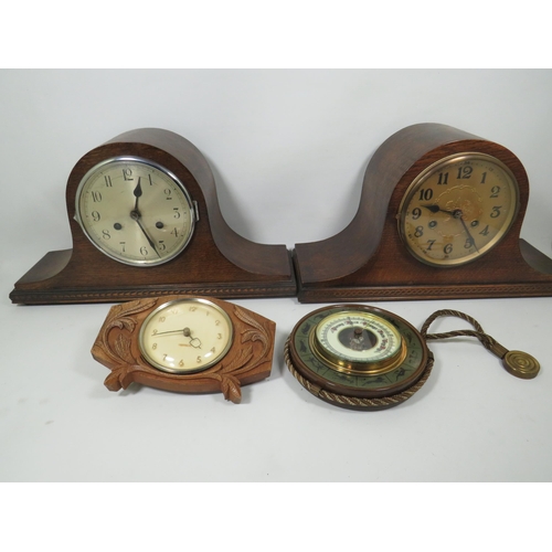 888 - Two Napoleon hat mantle clocks for spares or repair plus a smaller westclox  and barometer. See phot... 