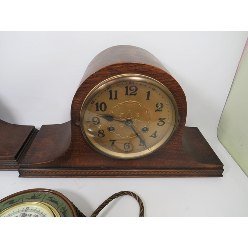 888 - Two Napoleon hat mantle clocks for spares or repair plus a smaller westclox  and barometer. See phot... 