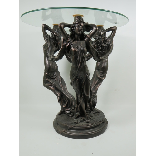 894 - Heavy Resin, Bronze effect low table with circular glass top supported by three classical ladies.  H... 