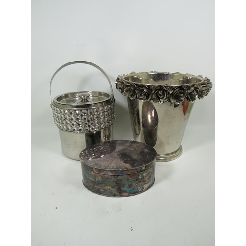 895 - Steel Ice bucket, champagne bucket decorated with roses (10 inches tall) plus a lidded steel box. Se... 