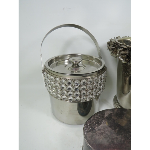 895 - Steel Ice bucket, champagne bucket decorated with roses (10 inches tall) plus a lidded steel box. Se... 