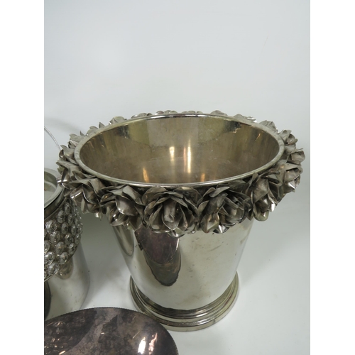 895 - Steel Ice bucket, champagne bucket decorated with roses (10 inches tall) plus a lidded steel box. Se... 