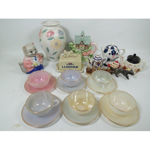 896 - Six Beautifully coloured and translucent Arcopal French Cups and Saucers together with other items. ... 