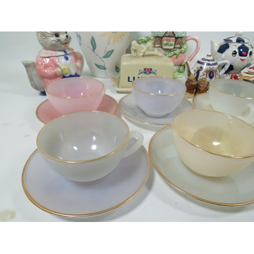 896 - Six Beautifully coloured and translucent Arcopal French Cups and Saucers together with other items. ... 