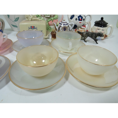 896 - Six Beautifully coloured and translucent Arcopal French Cups and Saucers together with other items. ... 