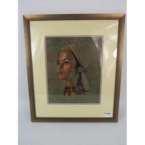 2093 - Framed cross stitch picture of a African lady, 15