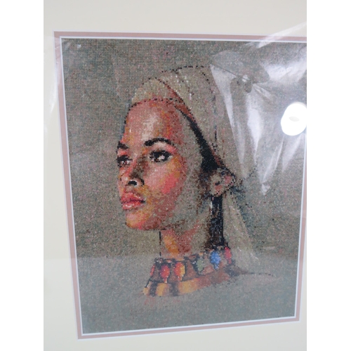 2093 - Framed cross stitch picture of a African lady, 15